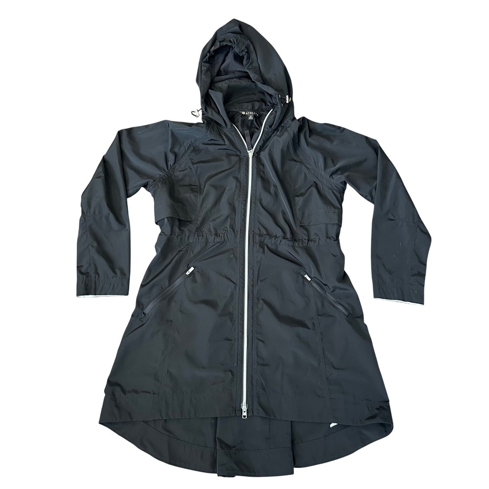 Athleta Rain Out Parka Womens M Black Hooded Jacket Full Zip Pockets Cinch